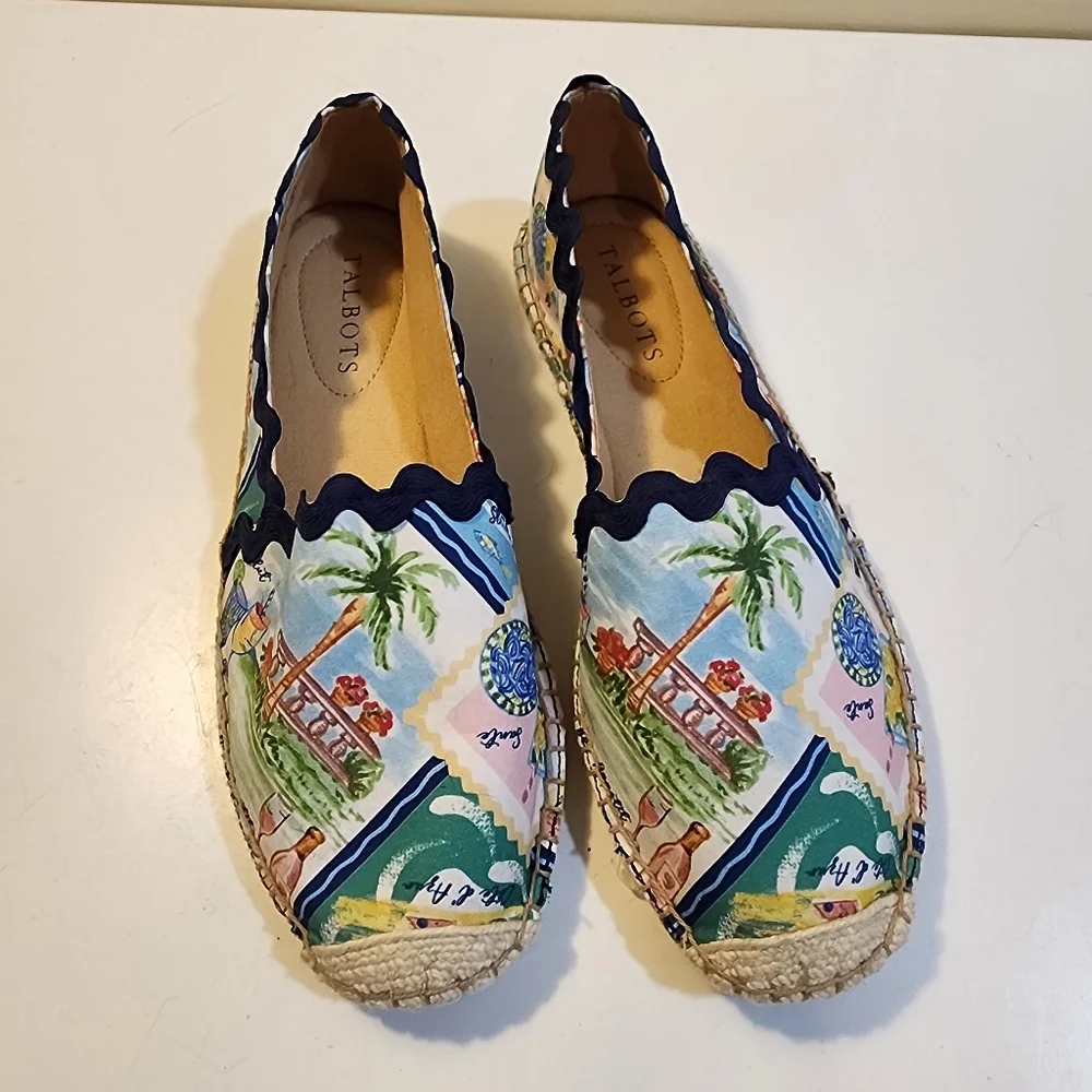 TALBOTS Izzy Dorsay Scenic Tropical Print Espadrille Flats 6.5